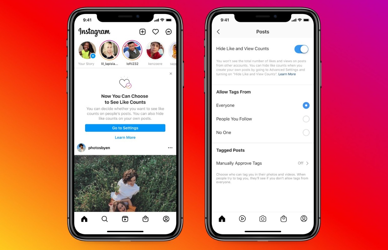 Instagram likes verbergen screens